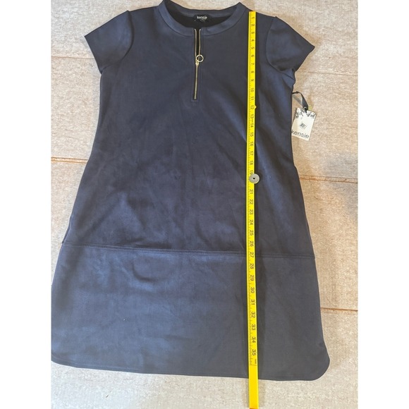 Kensie Faux Suede Shift Dress Women 14 Navy Blue Gold Zipper Front Pockets NWT - Picture 8 of 11